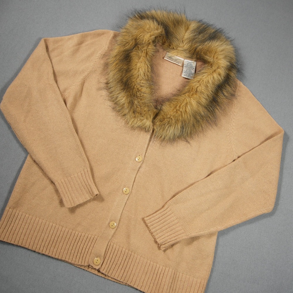 VTG Y2K Faux Fur Collar Women Cardigan M Glam Sweater Knit Chic Mob Wife